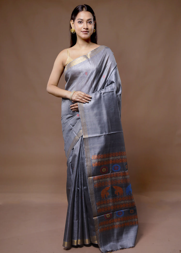 Grey Tussar Pure Silk Saree With Blouse Piece - Indian Silk House Agencies