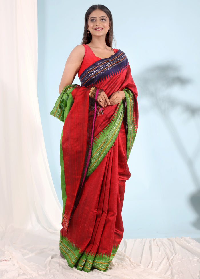Red Tussar Pure Silk Saree With Blouse Piece
