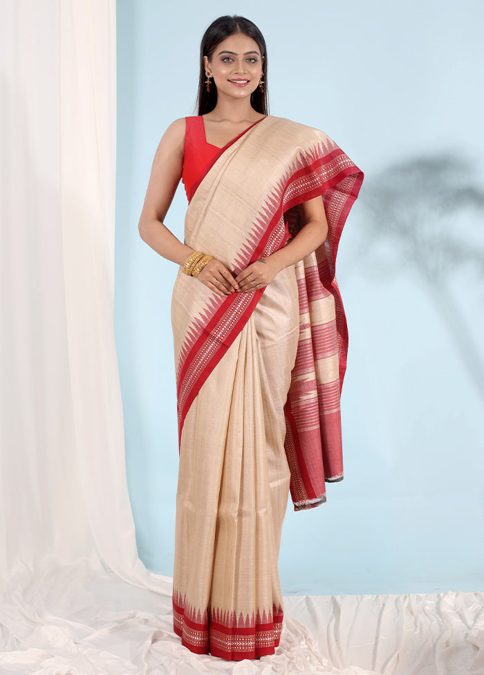 Cream Tussar Pure Silk Saree With Blouse Piece - Indian Silk House Agencies