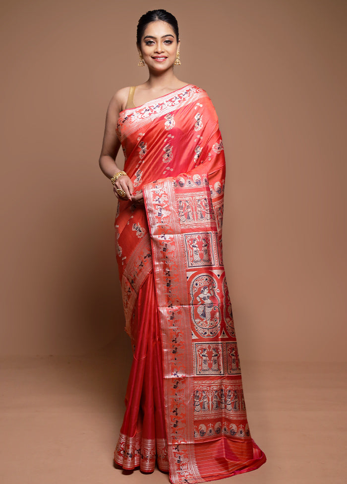 Pink Handloom Baluchari Pure Silk Saree With Blouse Piece