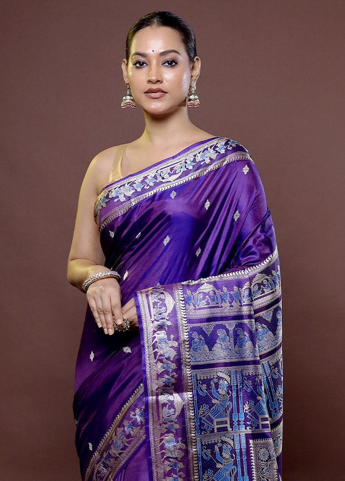 Purple Handloom Baluchari Pure Silk Saree With Blouse Piece