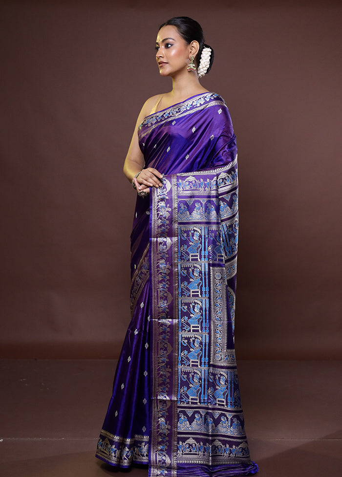 Purple Handloom Baluchari Pure Silk Saree With Blouse Piece