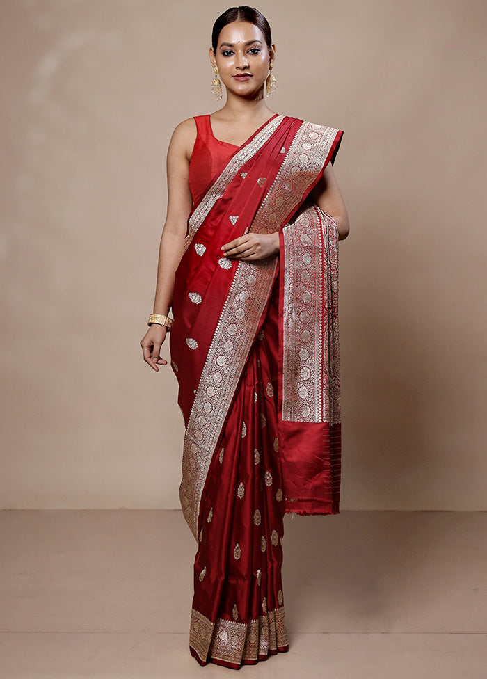 Maroon Handloom Banarasi Pure Silk Saree With Blouse Piece