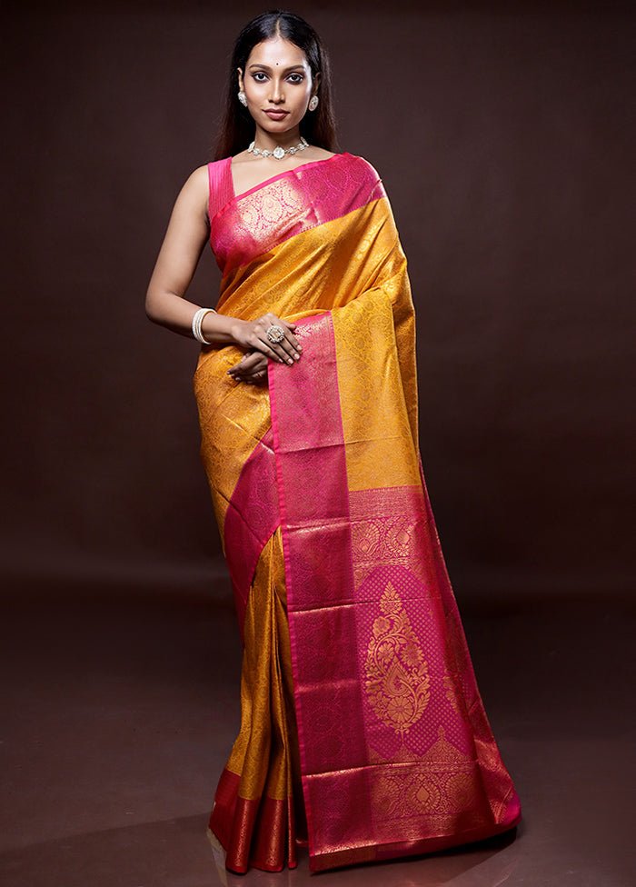 Yellow Kanjivaram Silk Saree Without Blouse Piece - Indian Silk House Agencies