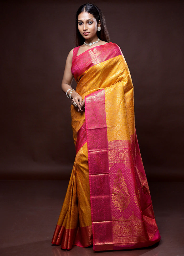 Yellow Kanjivaram Silk Saree Without Blouse Piece - Indian Silk House Agencies