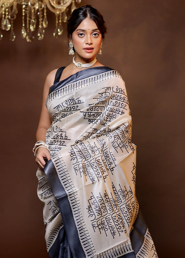 Cream Handloom Tussar Pure Silk Saree With Blouse Piece