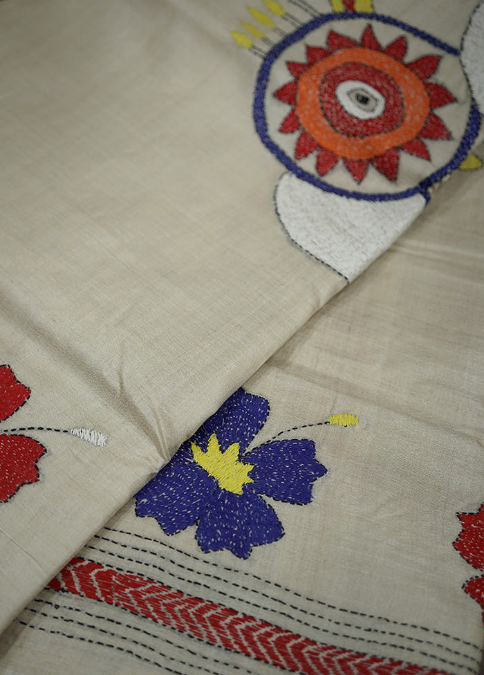 Cream Kantha Stitch Pure Silk Saree With Blouse Piece - Indian Silk House Agencies