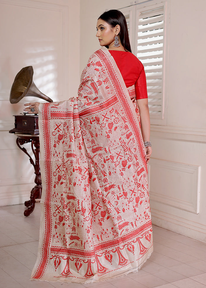 Cream Kantha Stitch Pure Silk Saree With Blouse Piece - Indian Silk House Agencies