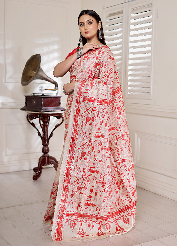 Cream Kantha Stitch Pure Silk Saree With Blouse Piece - Indian Silk House Agencies