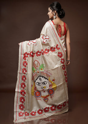 Cream Kantha Stitch Pure Silk Saree With Blouse Piece