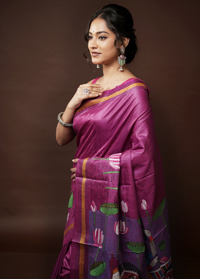 Pink Kantha Stitch Pure Silk Saree With Blouse Piece