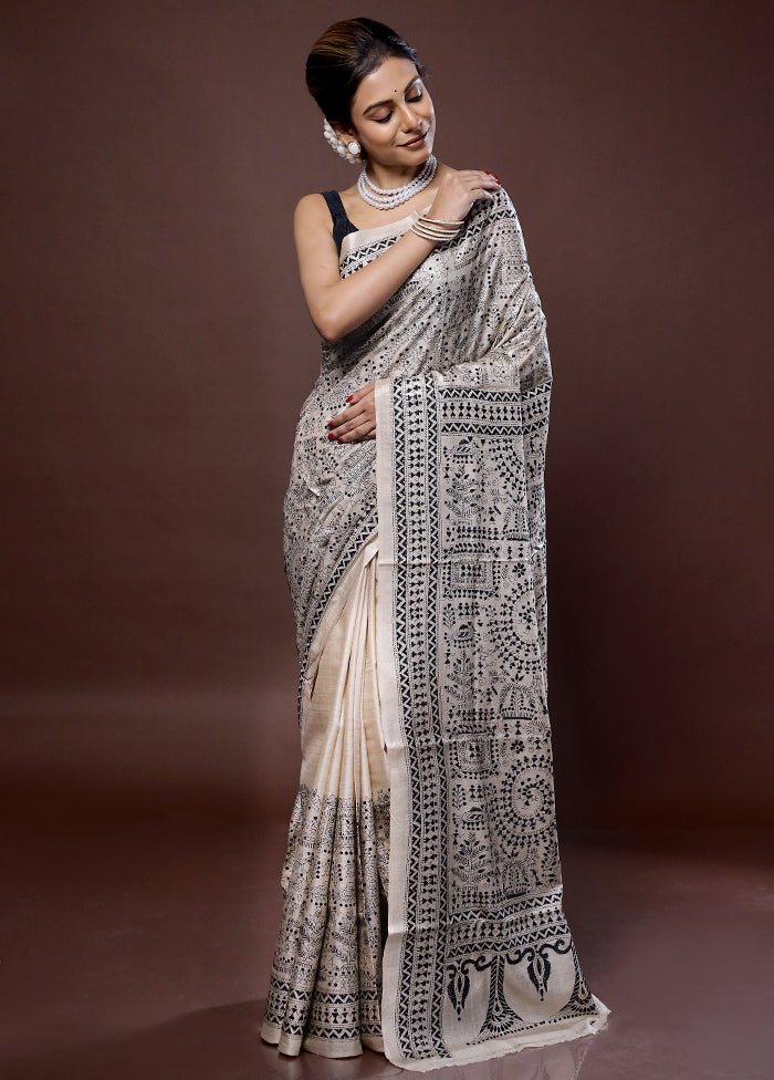 Cream Kantha Stitch Pure Silk Saree With Blouse Piece - Indian Silk House Agencies