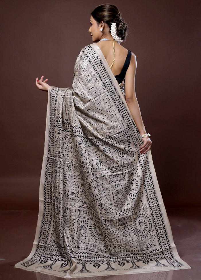 Cream Kantha Stitch Pure Silk Saree With Blouse Piece - Indian Silk House Agencies