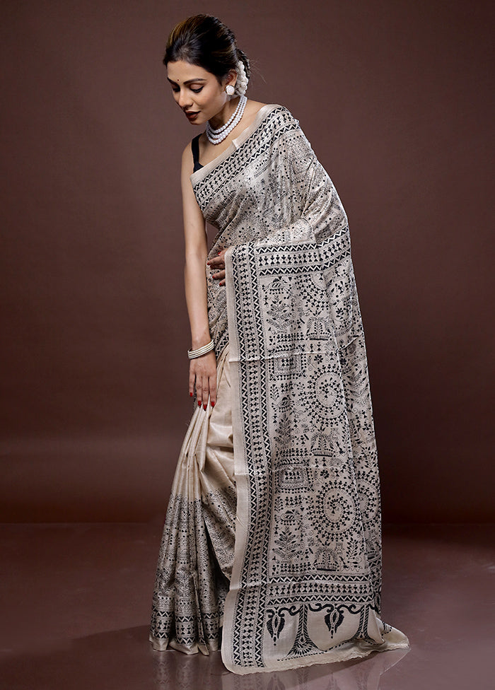 Cream Kantha Stitch Pure Silk Saree With Blouse Piece - Indian Silk House Agencies