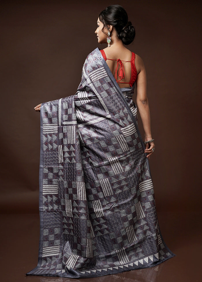 Grey Kantha Stitch Pure Silk Saree With Blouse Piece