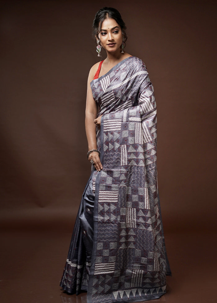 Grey Kantha Stitch Pure Silk Saree With Blouse Piece - Indian Silk House Agencies