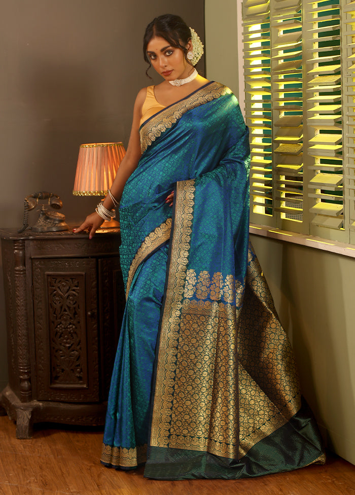 Blue Jamewar Banarasi Pure Silk Saree With Blouse Piece - Indian Silk House Agencies