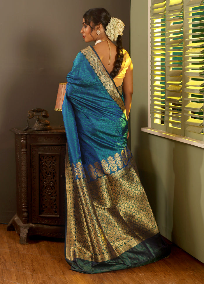 Blue Jamewar Banarasi Pure Silk Saree With Blouse Piece - Indian Silk House Agencies