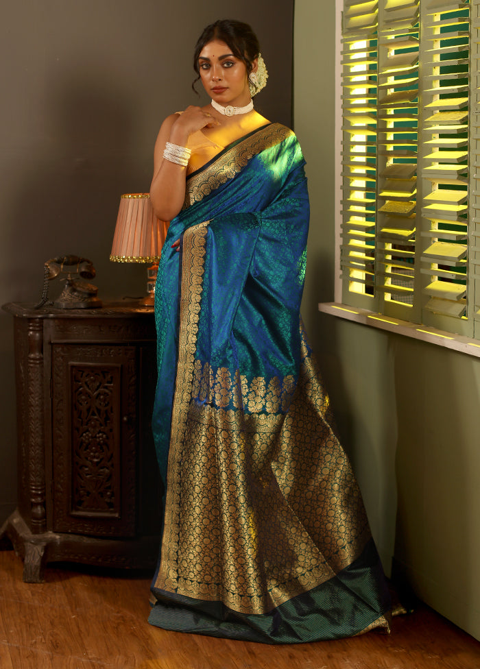 Blue Jamewar Banarasi Pure Silk Saree With Blouse Piece