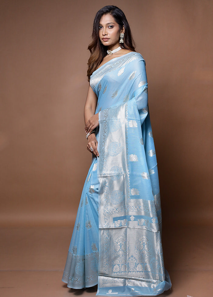 Blue Cotton Saree With Blouse Piece - Indian Silk House Agencies