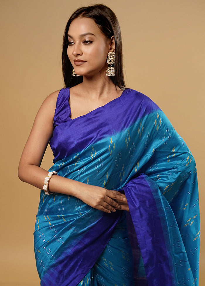 Blue Ikkat Pure Silk Saree With Blouse Piece - Indian Silk House Agencies