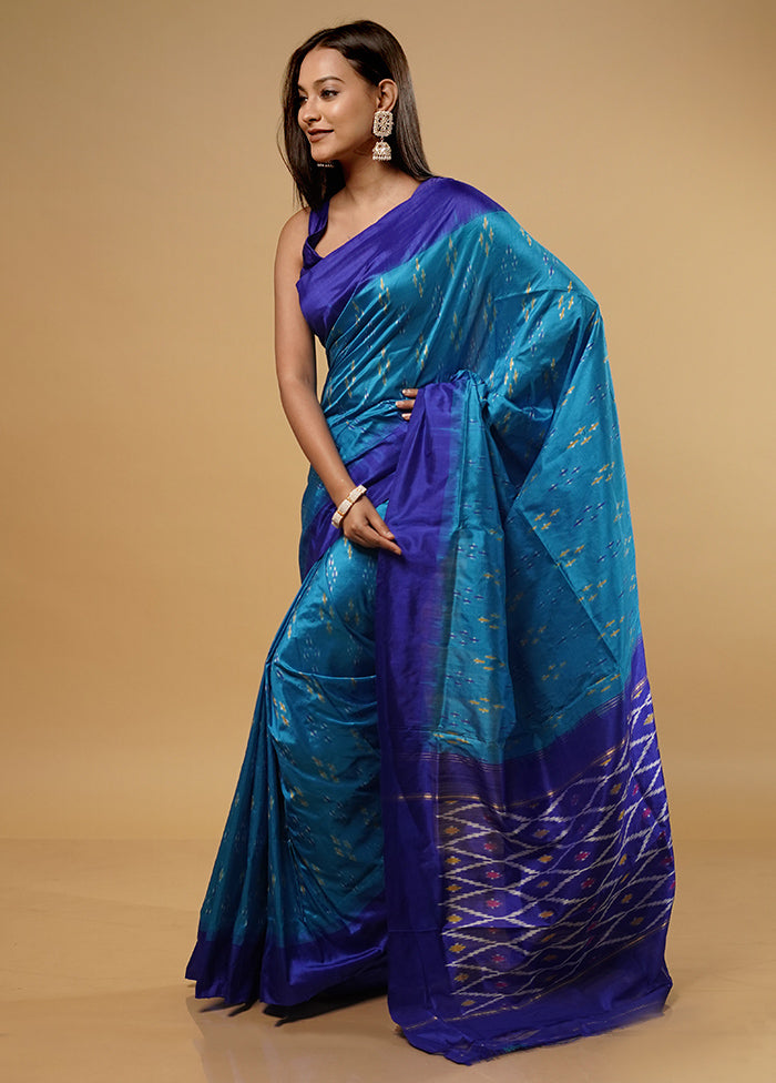 Blue Ikkat Pure Silk Saree With Blouse Piece - Indian Silk House Agencies