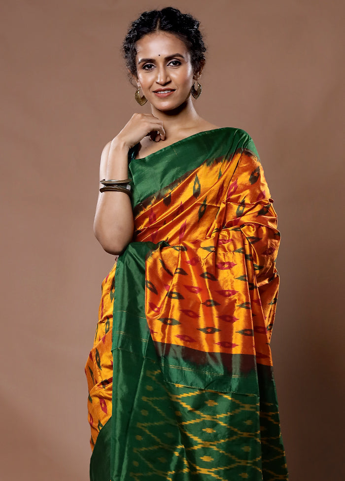 Orange Ikkat Pure Silk Saree With Blouse Piece - Indian Silk House Agencies
