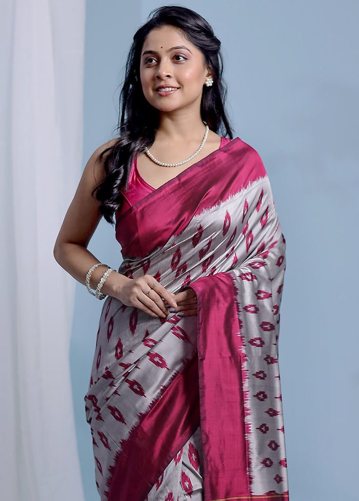 Grey Ikkat Pure Silk Saree With Blouse Piece