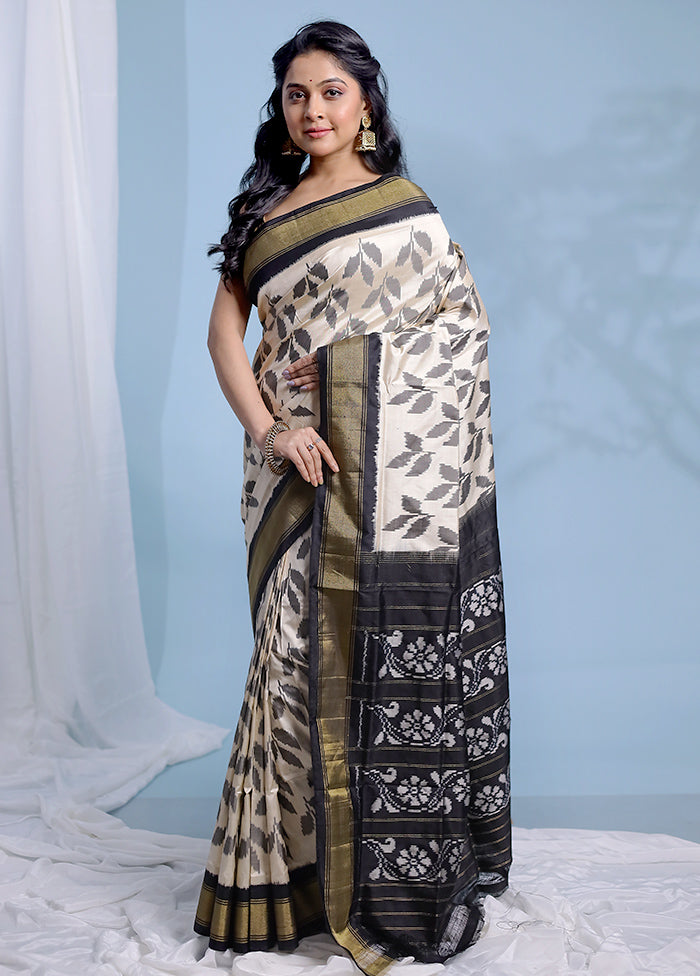 Cream Ikkat Pure Silk Saree With Blouse Piece