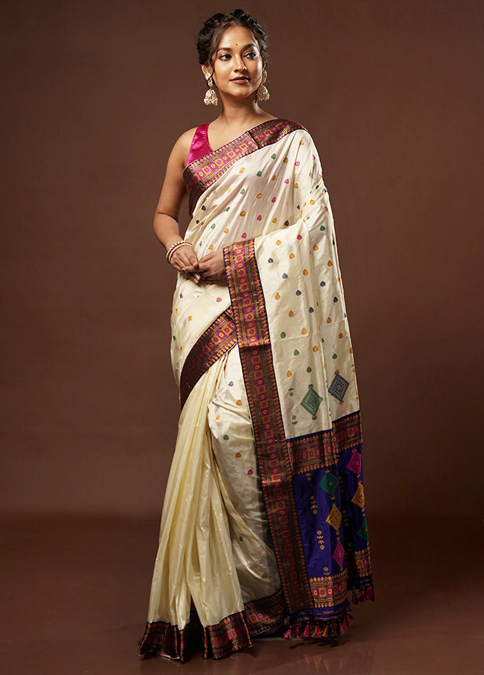 Cream Assam Pure Silk Saree With Blouse Piece