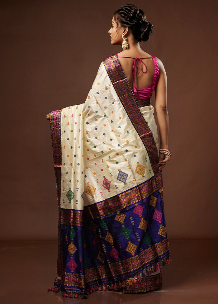 Cream Assam Pure Silk Saree With Blouse Piece