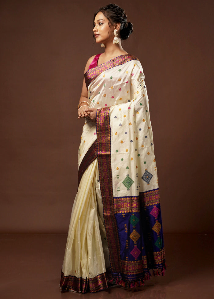 Cream Assam Pure Silk Saree With Blouse Piece