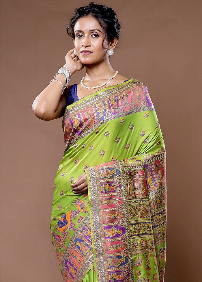 Green Baluchari Silk Saree With Blouse Piece - Indian Silk House Agencies
