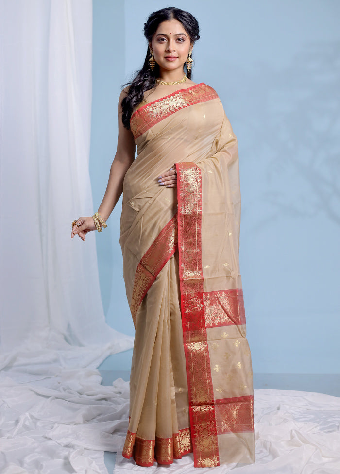 Cream Chanderi Pure Cotton Saree With Blouse Piece