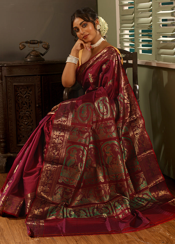 Maroon Baluchari Pure Silk Saree With Blouse Piece