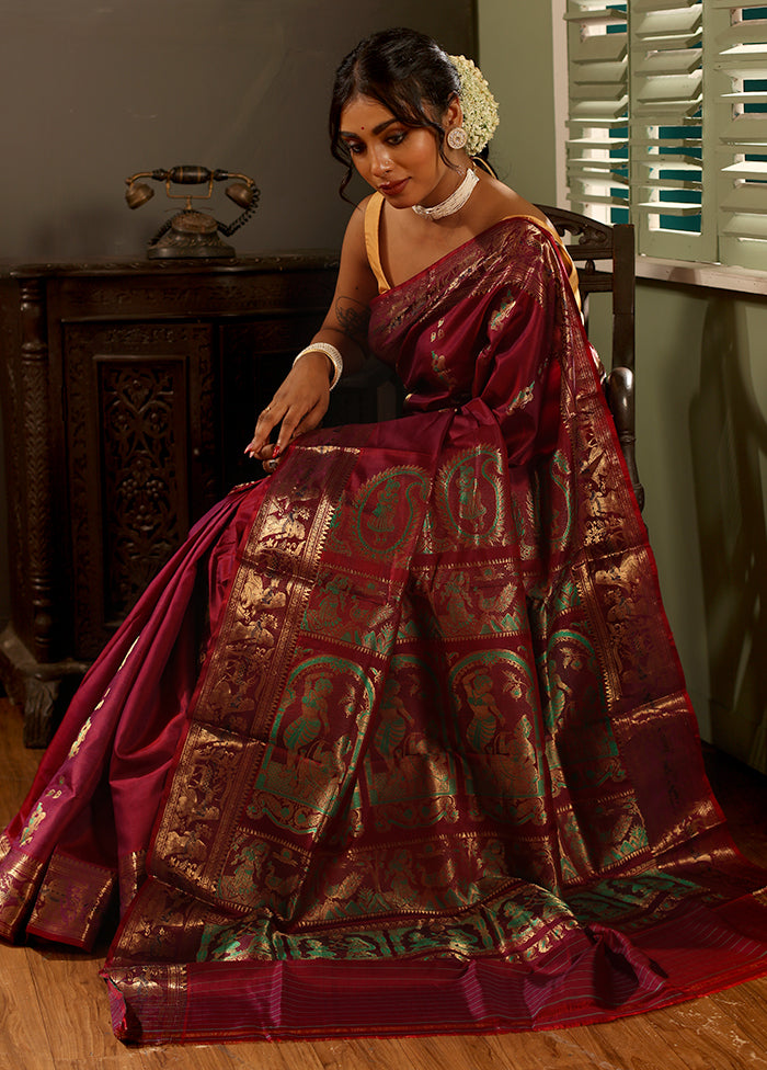 Maroon Baluchari Pure Silk Saree With Blouse Piece