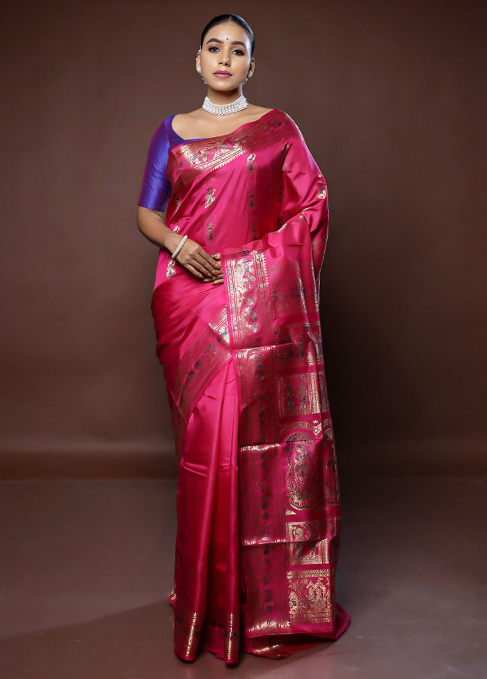 Pink Handloom Baluchari Pure Silk Saree With Blouse Piece