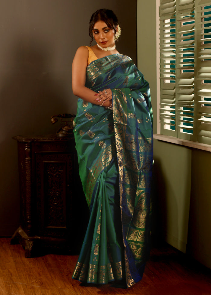 Green Baluchari Pure Silk Saree With Blouse Piece - Indian Silk House Agencies
