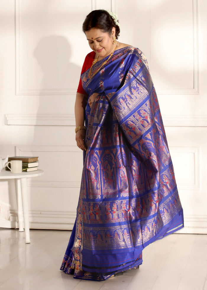 Blue Baluchari Pure Silk Saree With Blouse Piece