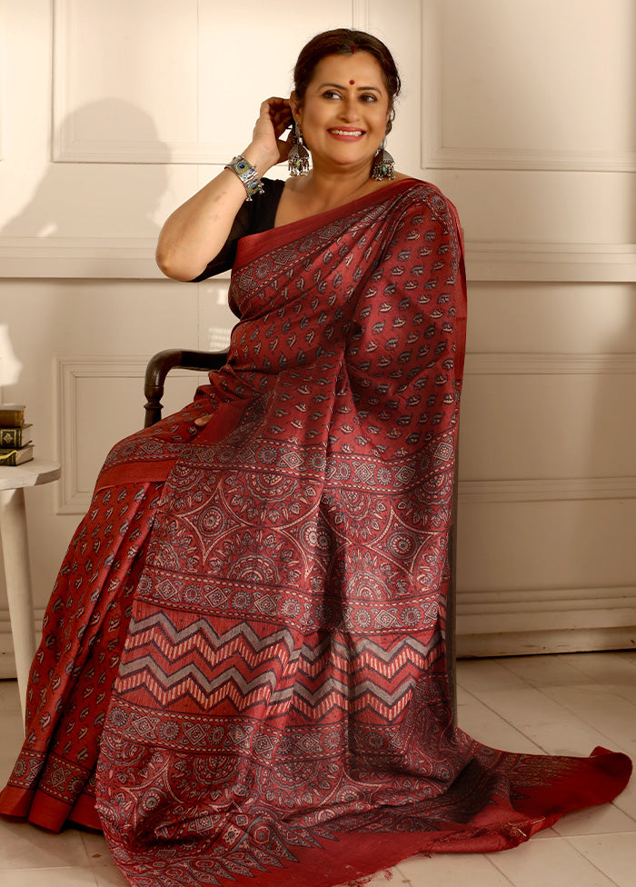 Maroon Tussar Pure Silk Saree With Blouse Piece