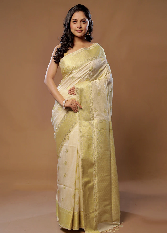 Cream Kanjivaram Silk Saree With Blouse Piece - Indian Silk House Agencies