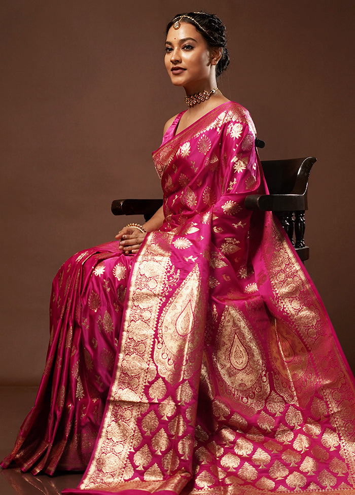 Pink Banarasi Silk Saree With Blouse Piece