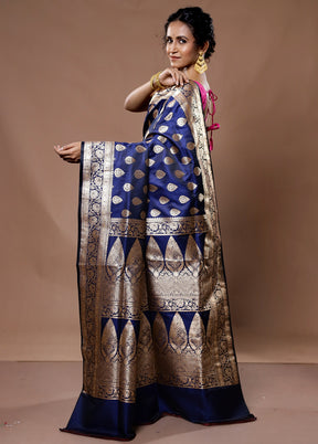 Blue Banarasi Silk Saree With Blouse Piece