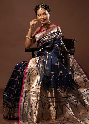 Blue Banarasi Silk Saree With Blouse Piece