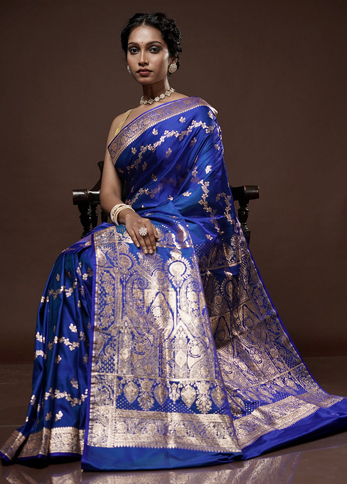 Blue Banarasi Silk Saree With Blouse Piece