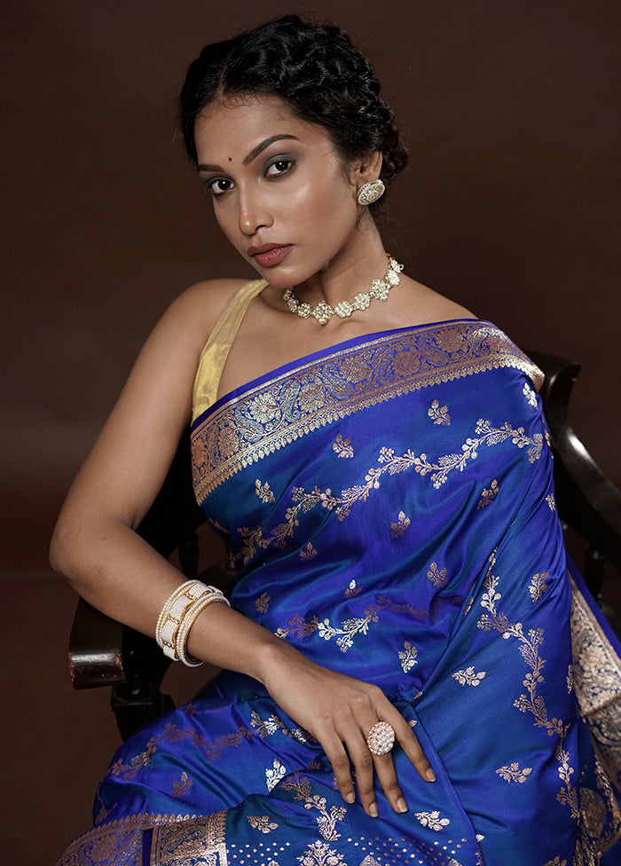 Blue Banarasi Silk Saree With Blouse Piece - Indian Silk House Agencies