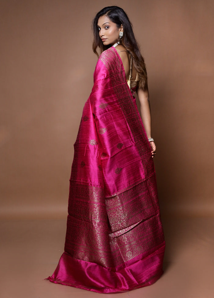 Pink Handloom Tussar Pure Silk Saree With Blouse Piece