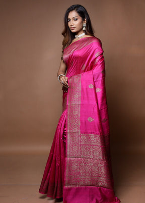 Pink Handloom Tussar Pure Silk Saree With Blouse Piece