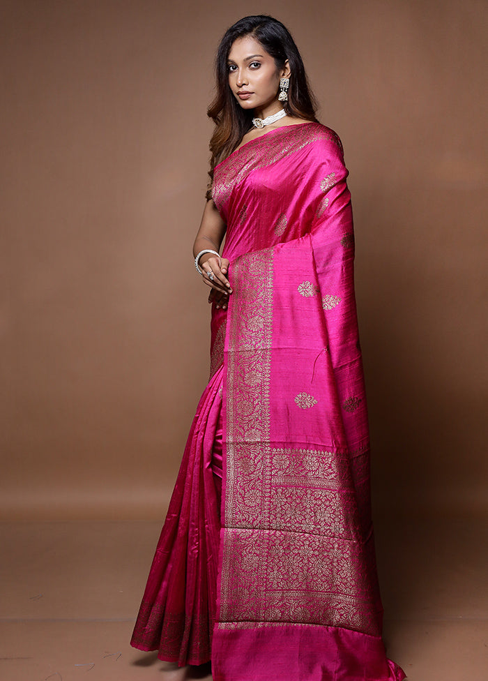 Pink Handloom Tussar Pure Silk Saree With Blouse Piece