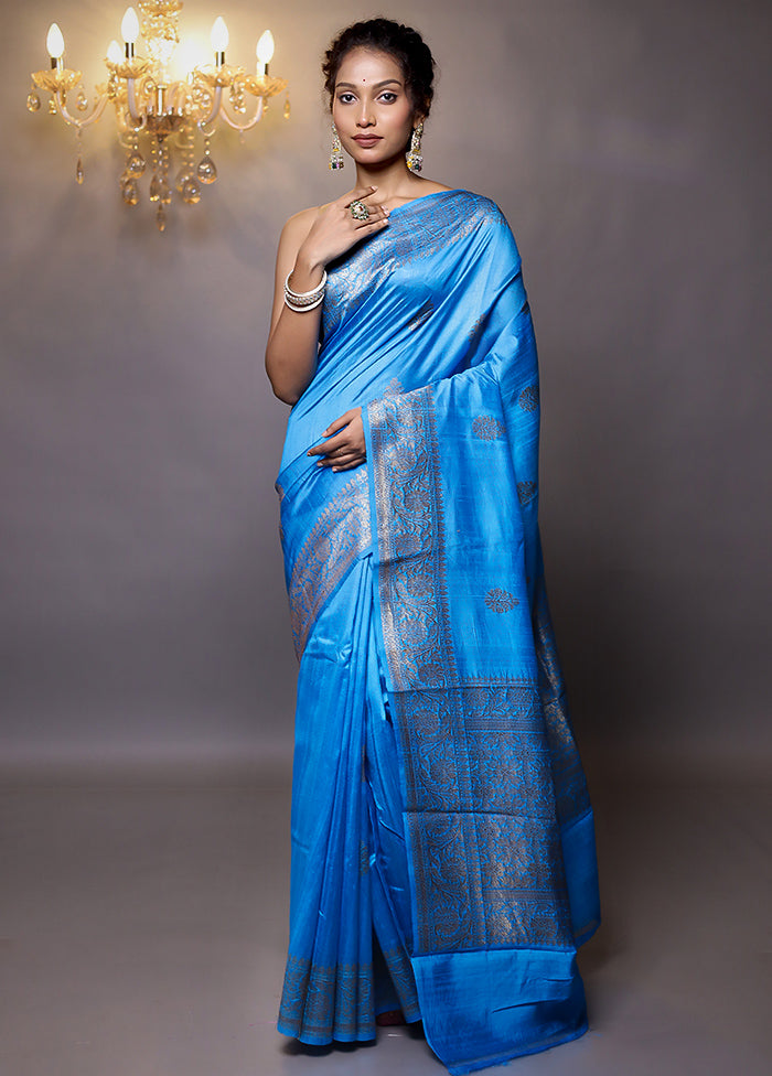 Blue Handloom Tussar Pure Silk Saree With Blouse Piece - Indian Silk House Agencies